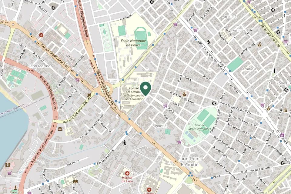 Plan du quartier Point E à Dakar, avec l’emplacement du siège de Samir Money
