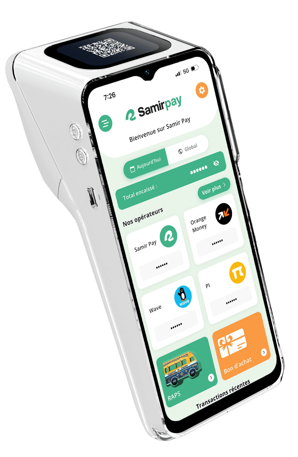 Terminal SamirPay TPE affichant l’écran d’accueil de l’application SamirPay