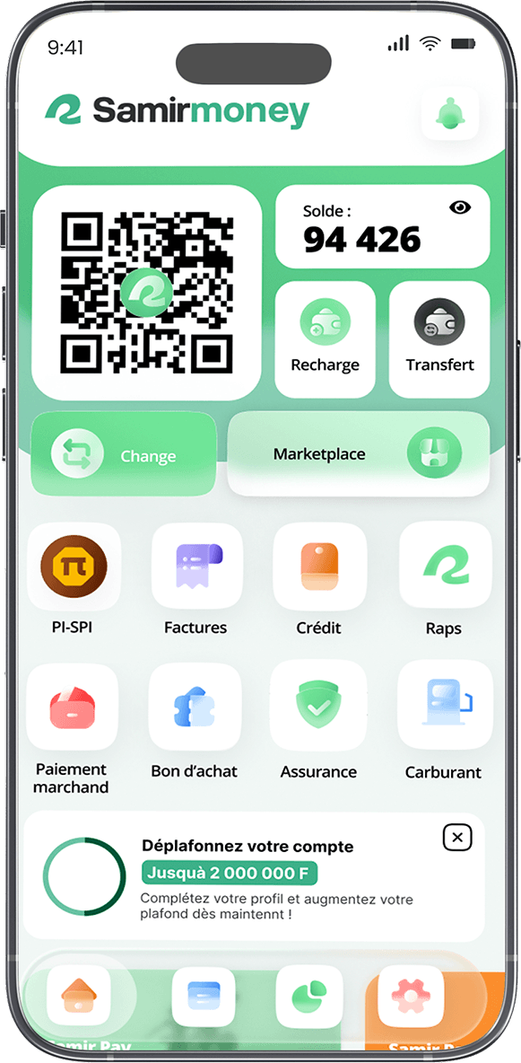 Smartphone affichant l’écran d’accueil de l’application Samir Money