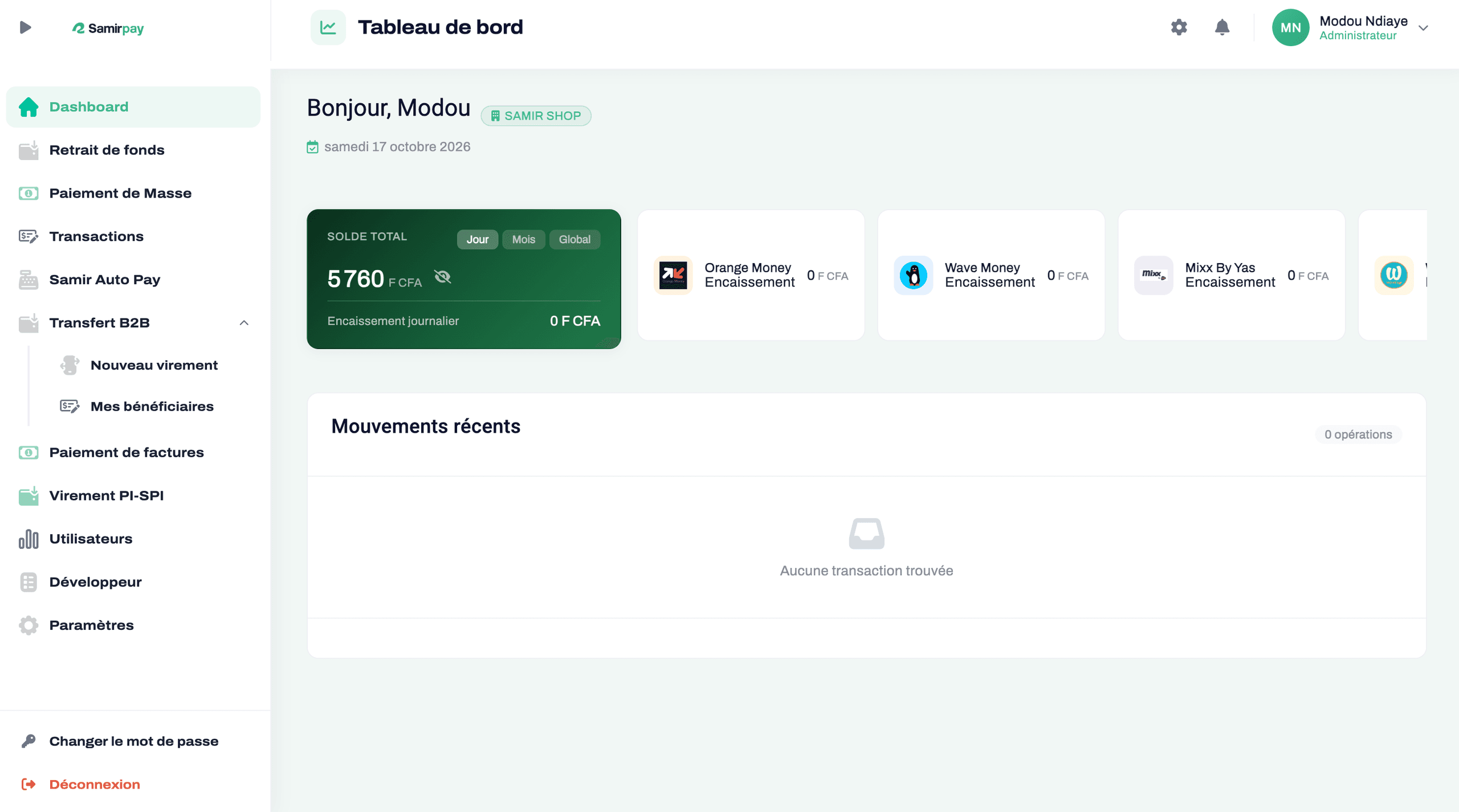 Tableau de bord du SamirPay Web Admin : solde total, encaissements par opérateur et mouvements récents